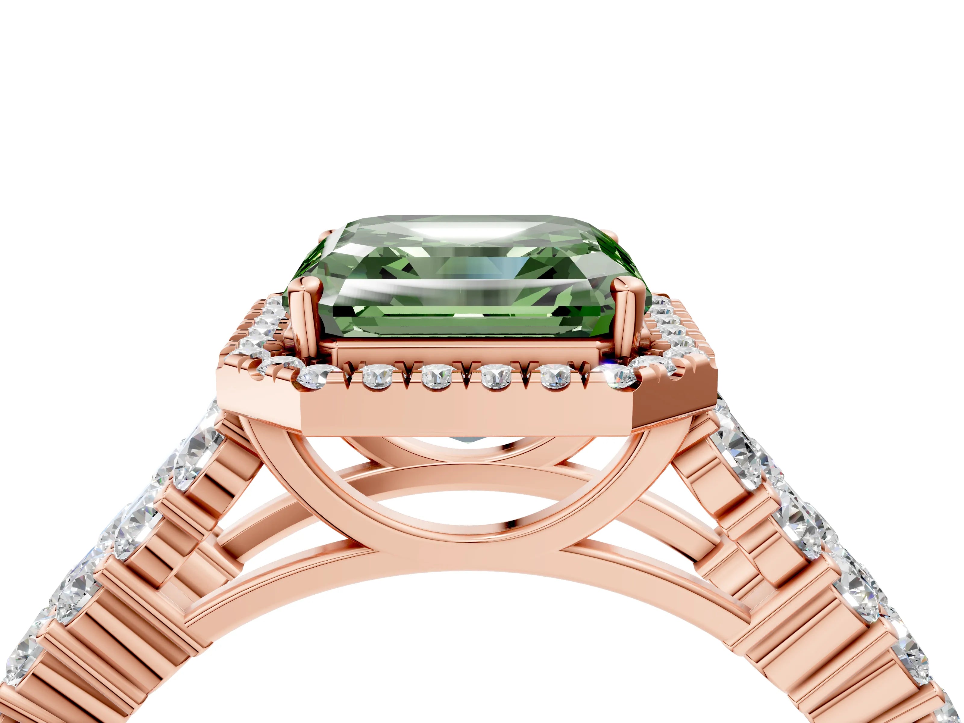 Rose gold Fancy Green Asscher Cut Halo Pavé Diamond Engagement Ring with Split Shank and Four-Prong Setting_7