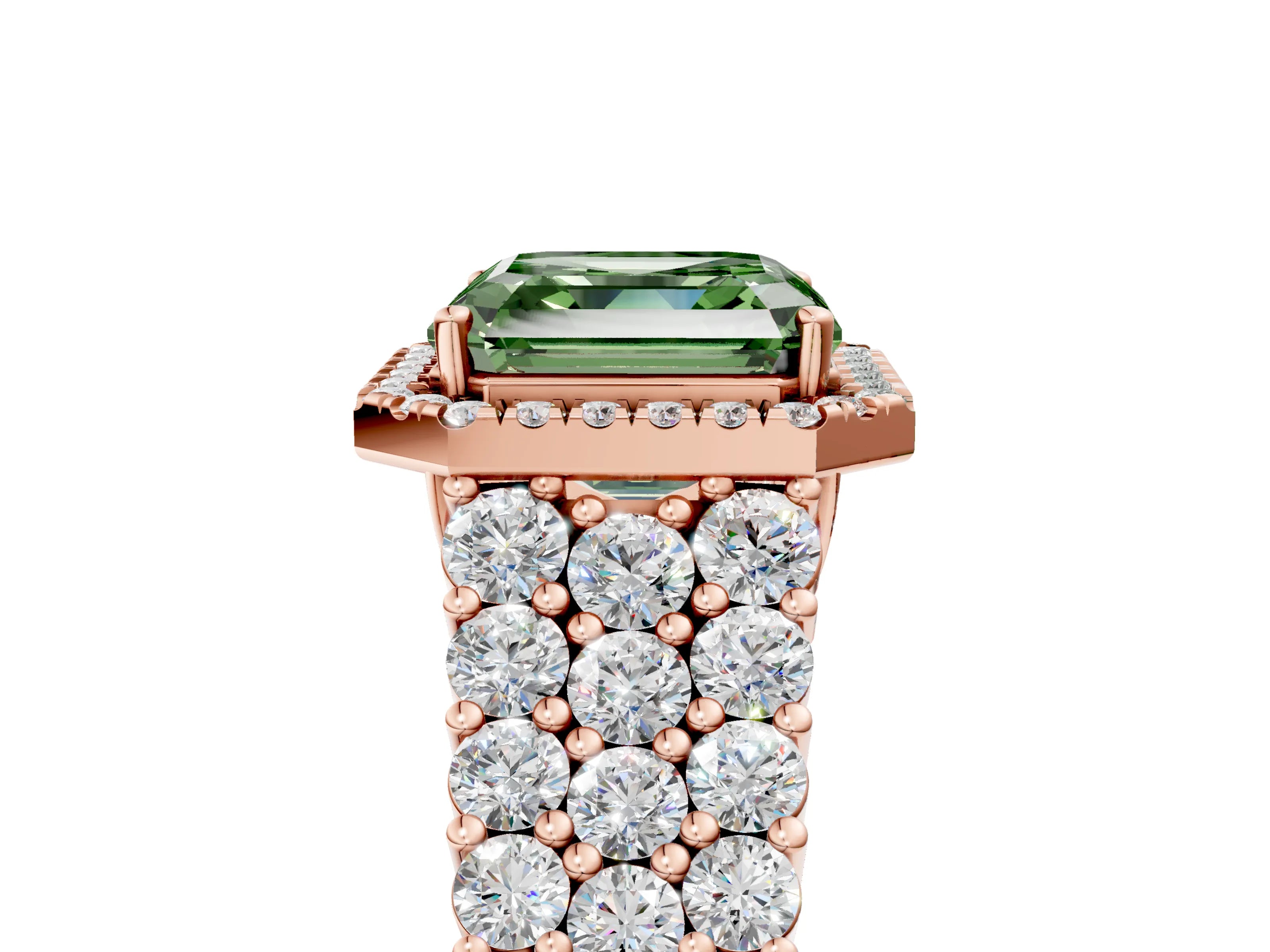 Rose gold Fancy Green Asscher Cut Halo Pavé Diamond Engagement Ring with Split Shank and Four-Prong Setting_8