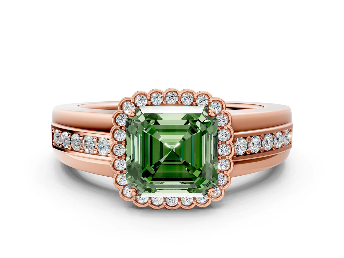 Rose gold Fancy Green Asscher  Cut Halo Pave Band Four-Prong Ring_30