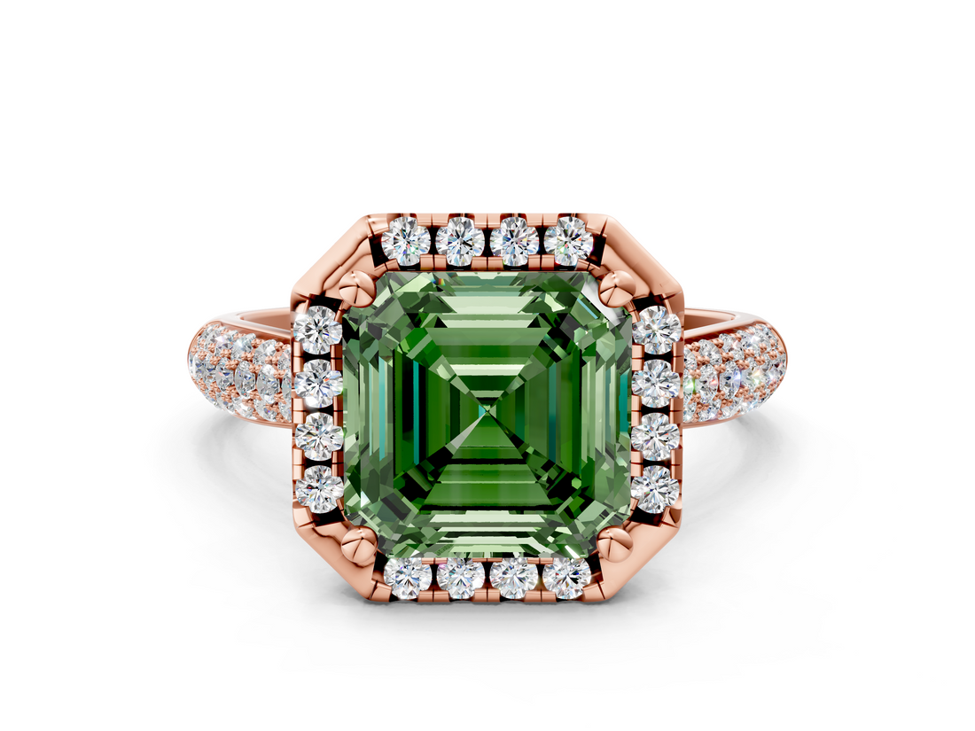 Rose gold Fancy Green Asscher  Cut Halo Pave Band Four-Prong Setting Ring