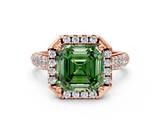 Rose gold Fancy Green Asscher  Cut Halo Pave Band Four-Prong Setting Ring