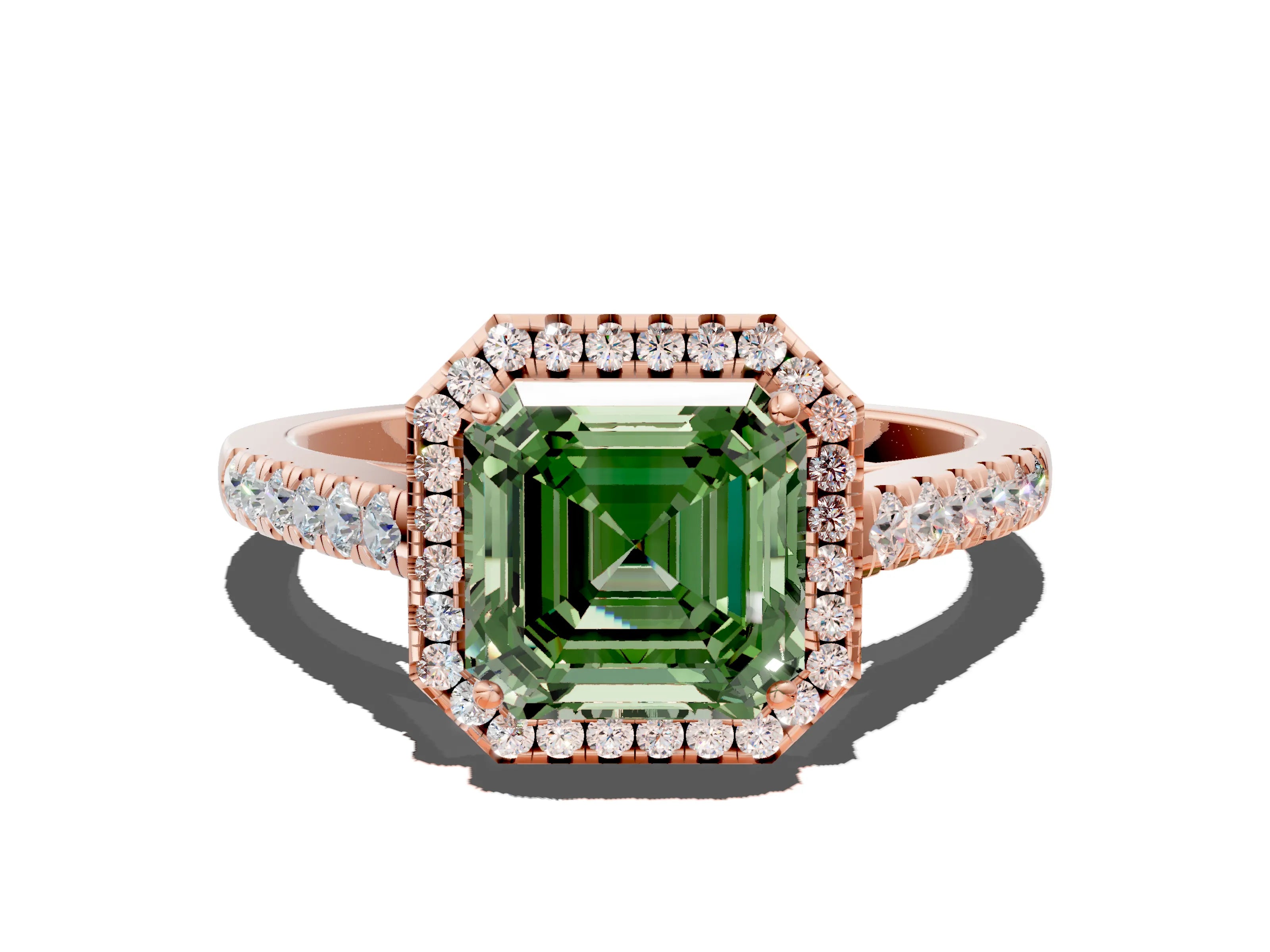 Rose gold Fancy Green Asscher Cut Halo Pave Diamond Engagement Ring with Four-Prong Setting