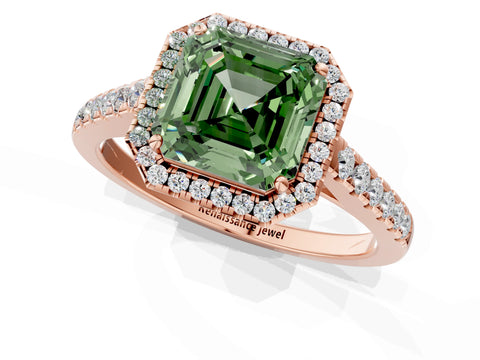 Rose gold Fancy Green Asscher Cut Halo Pave Diamond Engagement Ring with Four-Prong Setting_1