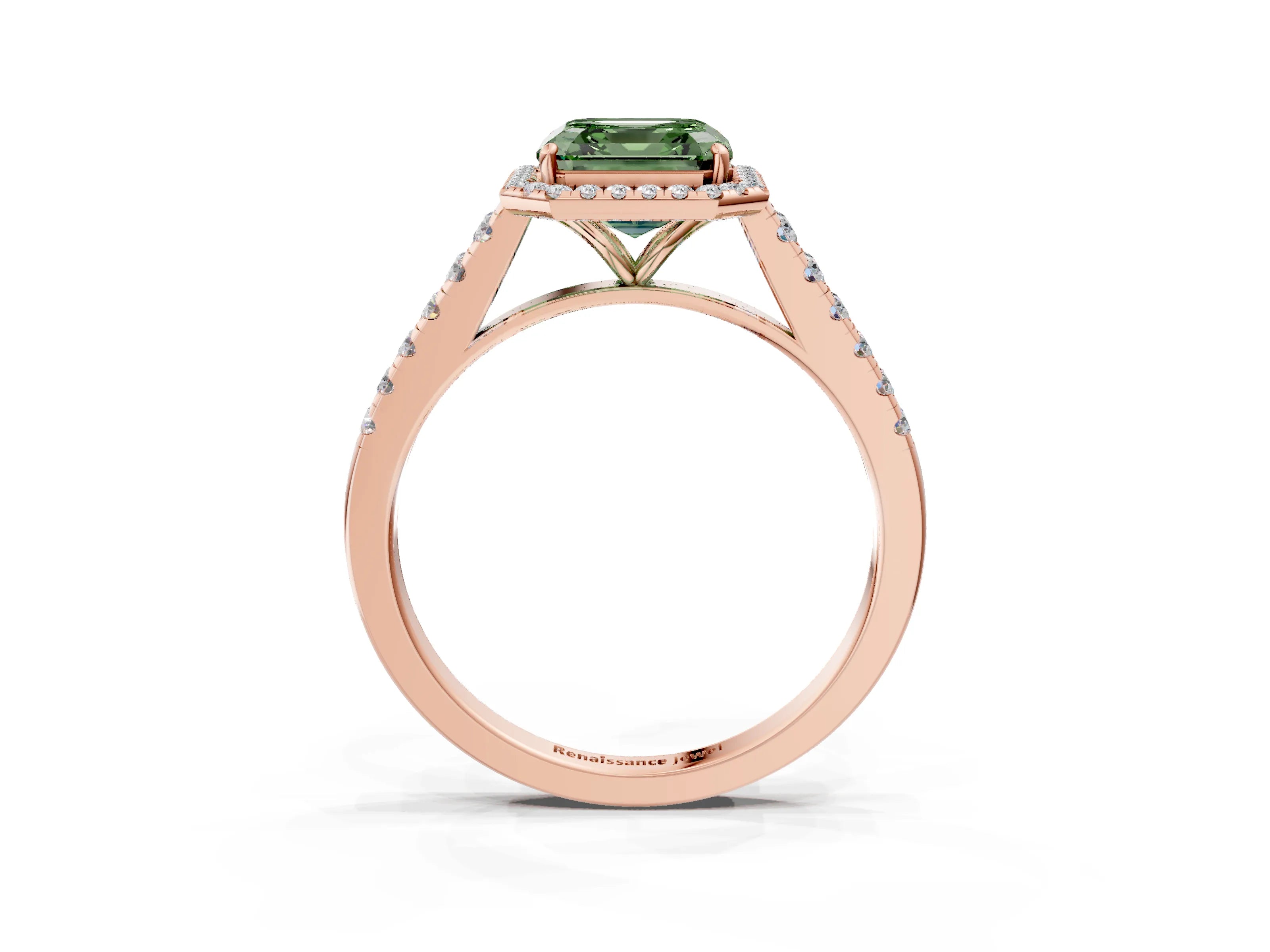 Rose gold Fancy Green Asscher Cut Halo Pave Diamond Engagement Ring with Four-Prong Setting_3