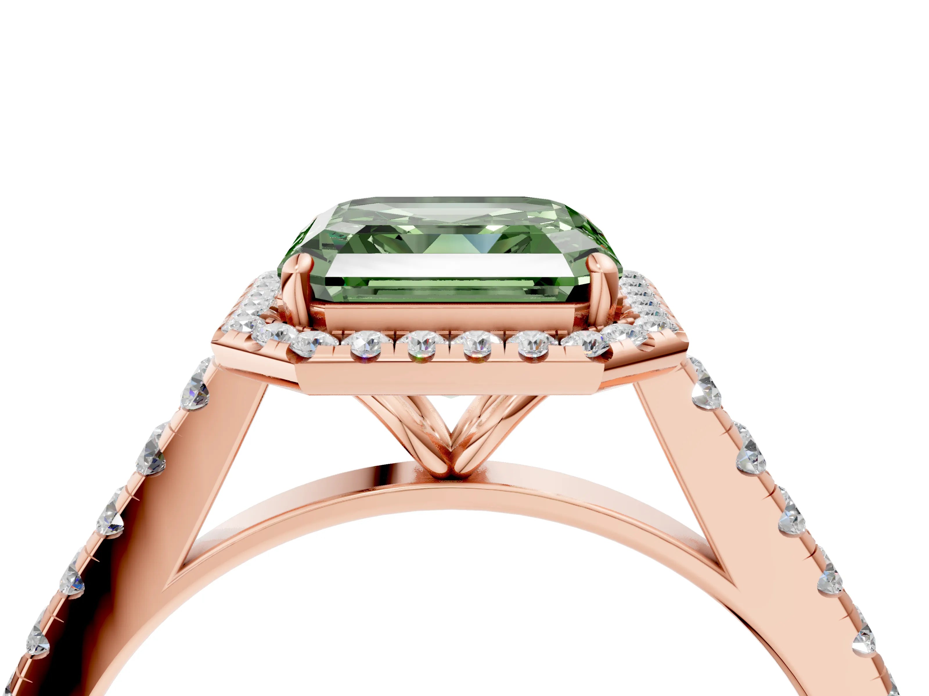 Rose gold Fancy Green Asscher Cut Halo Pave Diamond Engagement Ring with Four-Prong Setting_4