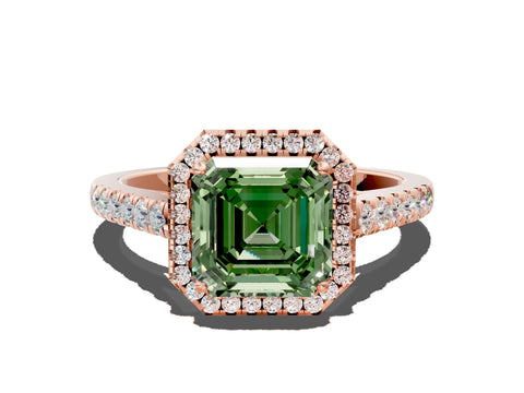 Rose gold Fancy Green Asscher Cut Halo Pave Diamond Engagement Ring with Four-Prong Setting