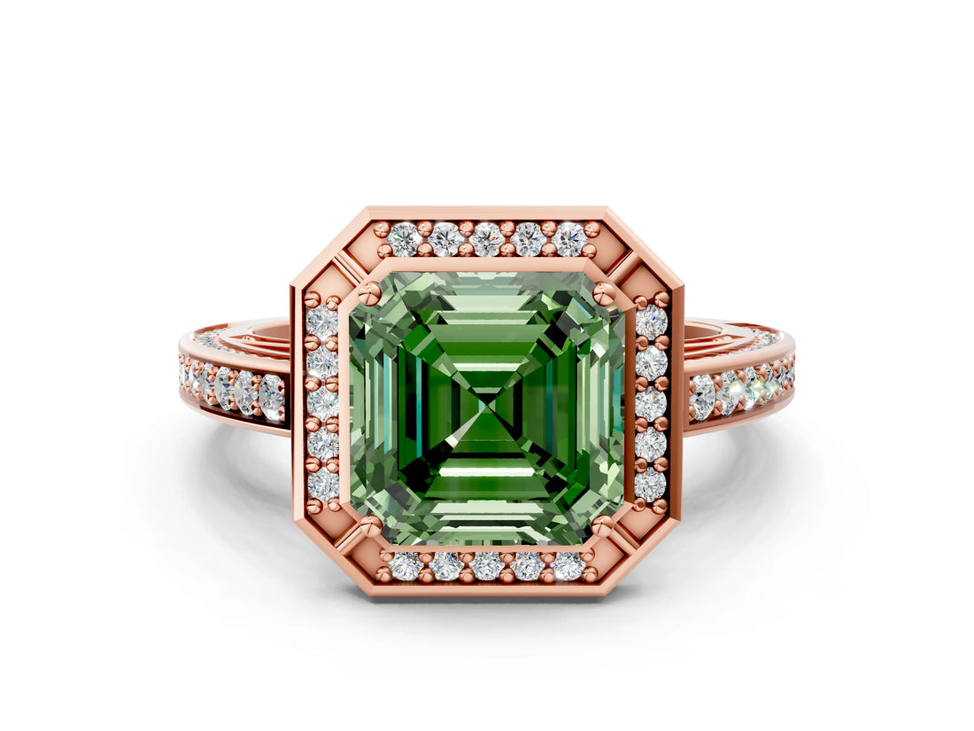 Rose gold Fancy Green Asscher  Cut Halo Pave Split Shank Prong Setting Ring_54