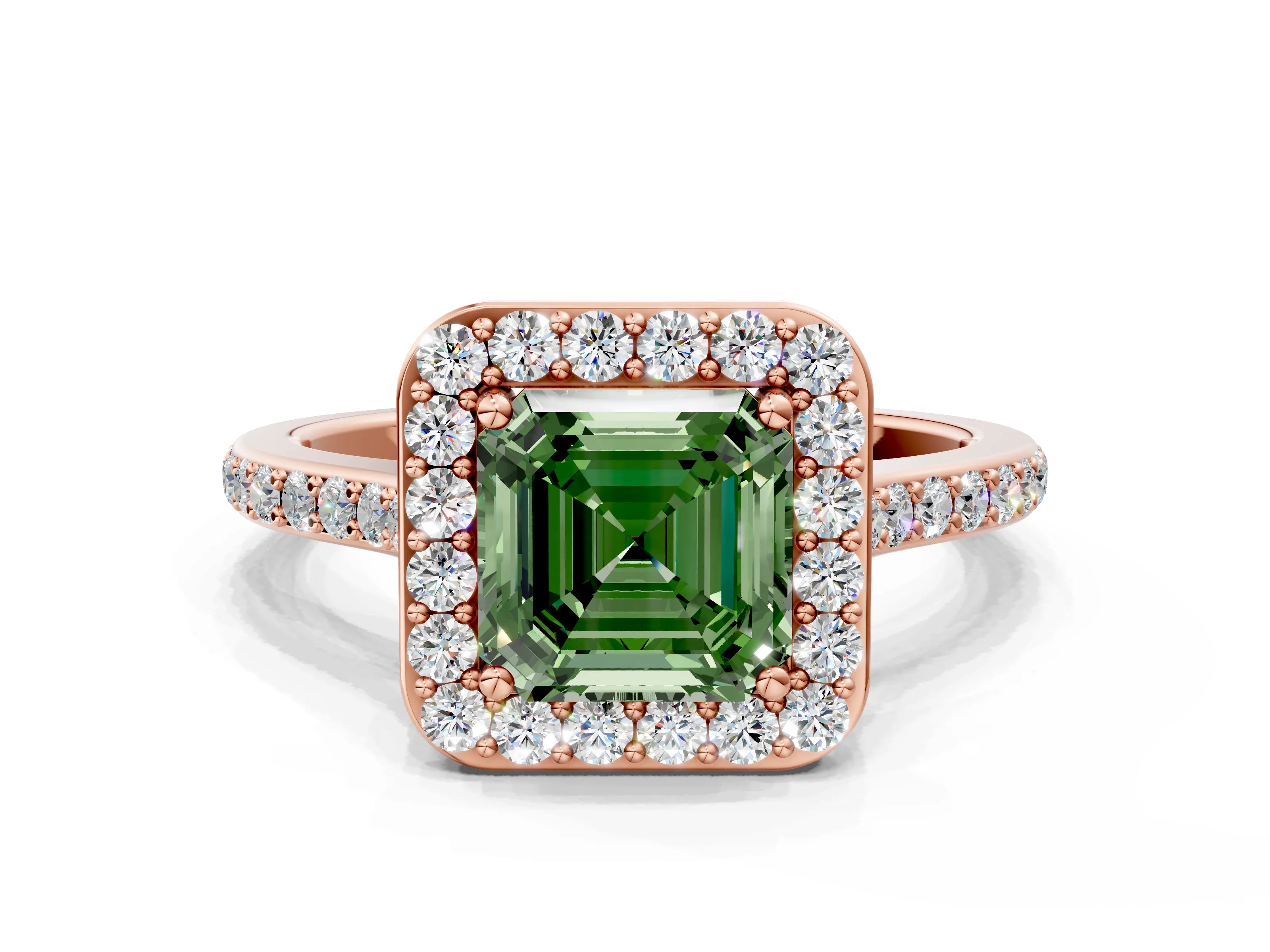 Rose gold Fancy Green Asscher Cut Halo Round Diamond Pavé Band with Four-Prong Setting_3
