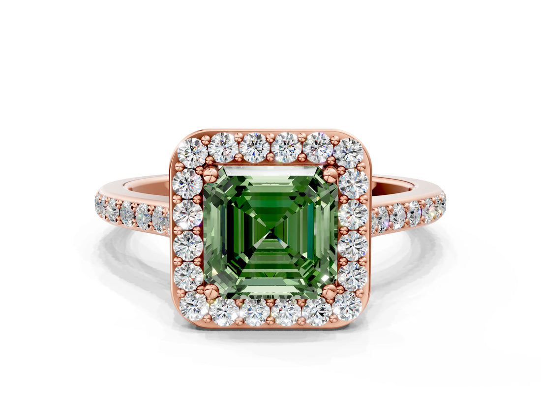 Rose gold Fancy Green Asscher Cut Halo Round Diamond Pavé Band with Four-Prong Setting_3