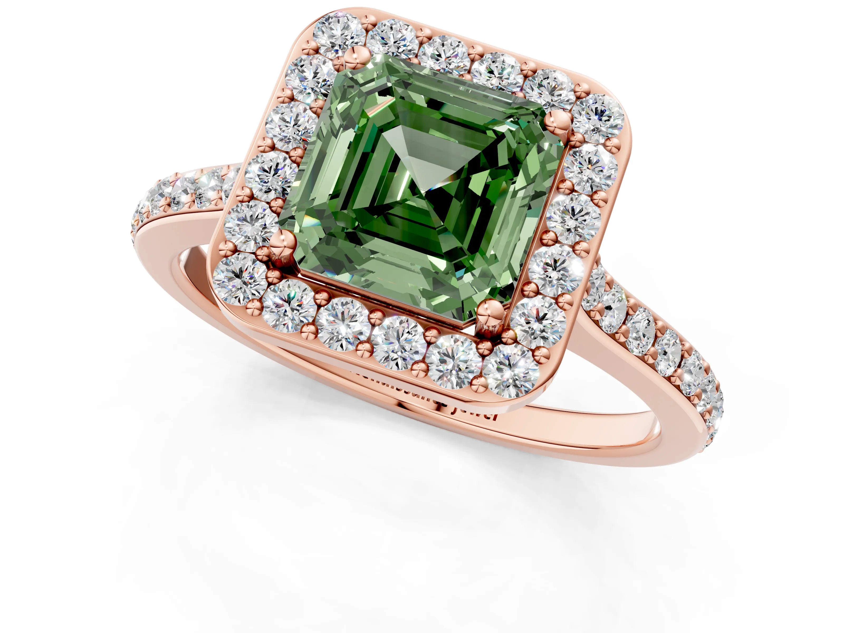 Rose gold Fancy Green Asscher Cut Halo Round Diamond Pavé Band with Four-Prong Setting_4