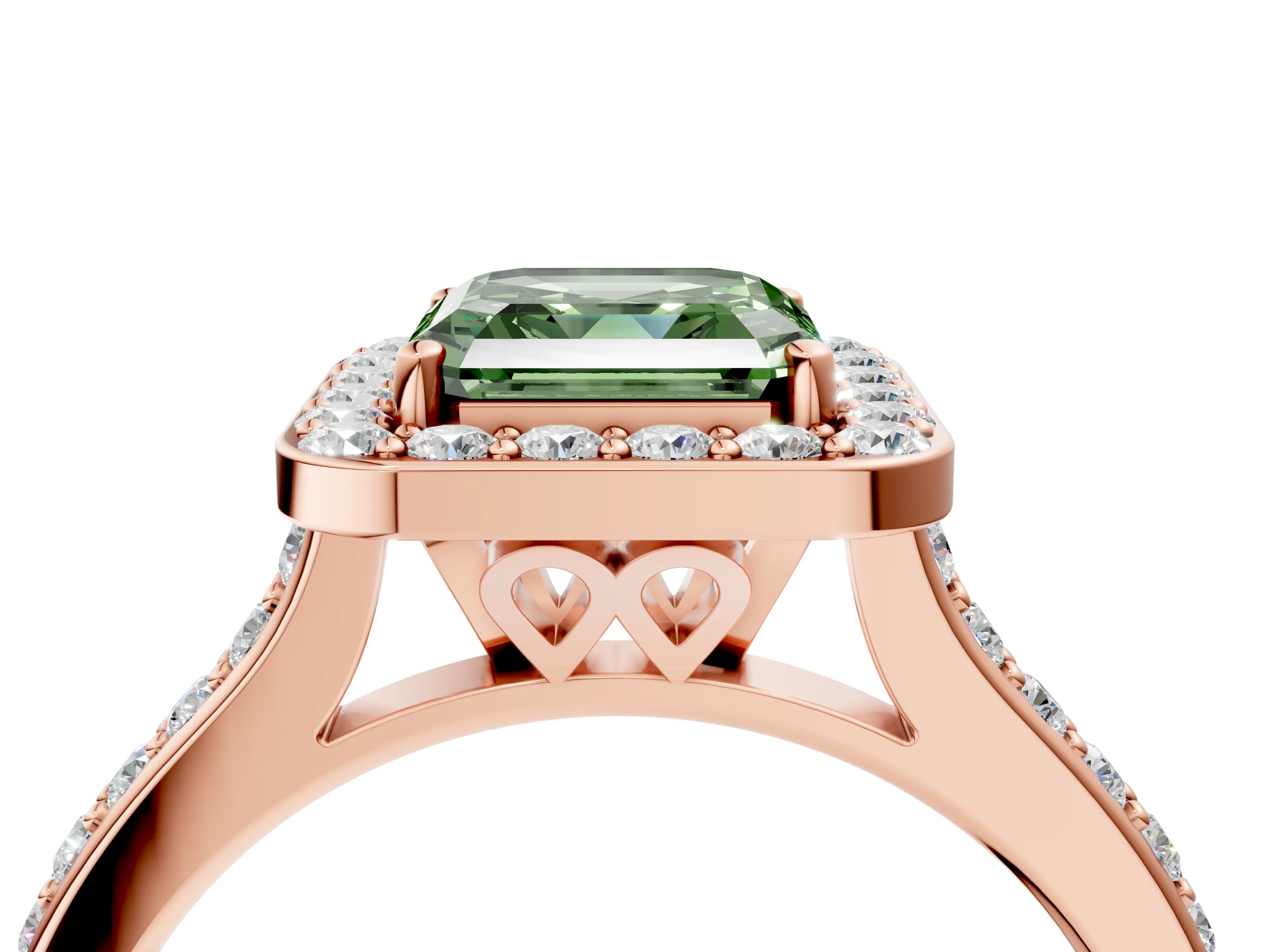 Rose gold Fancy Green Asscher Cut Halo Round Diamond Pavé Band with Four-Prong Setting_7