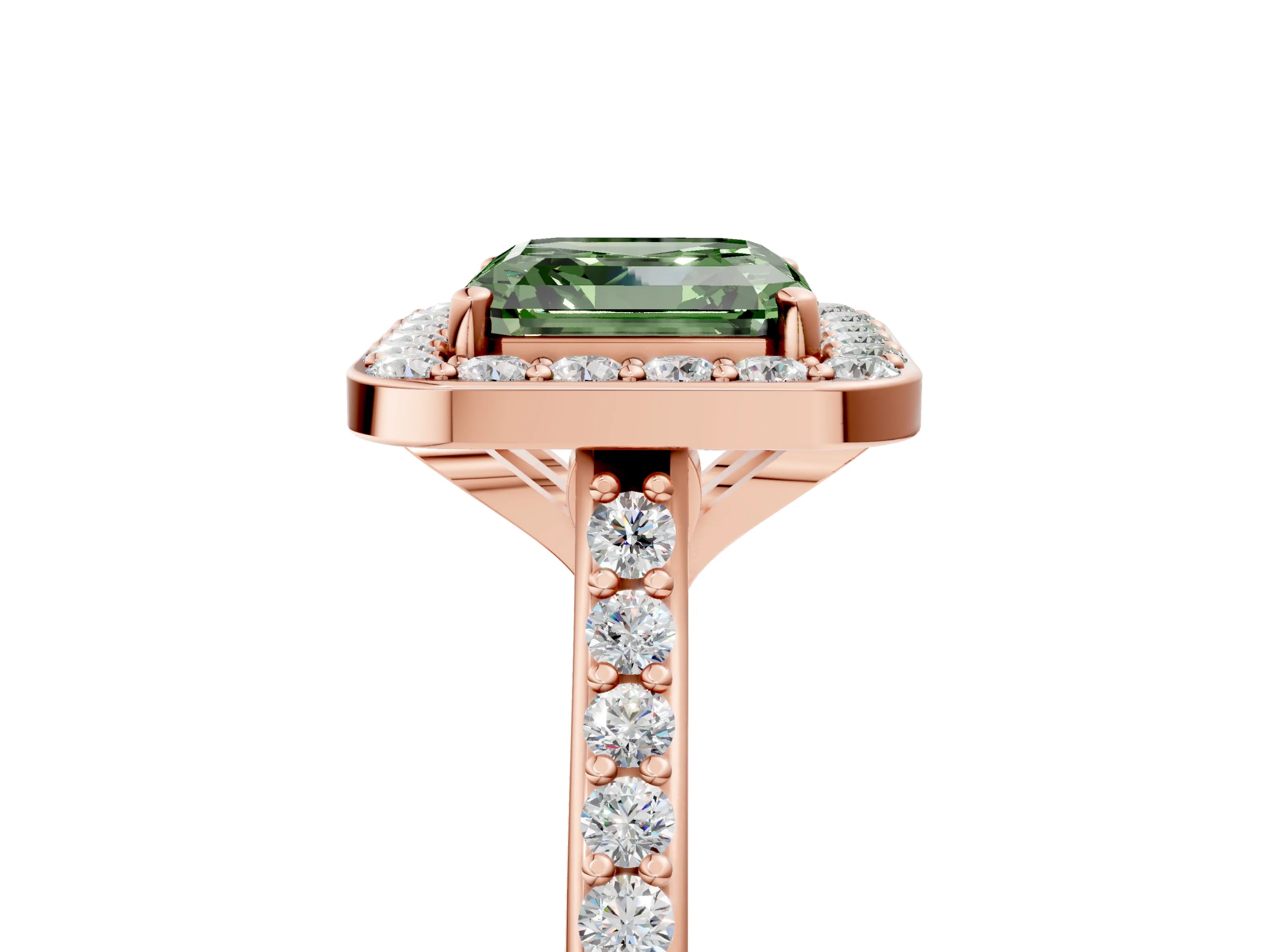 Rose gold Fancy Green Asscher Cut Halo Round Diamond Pavé Band with Four-Prong Setting_8