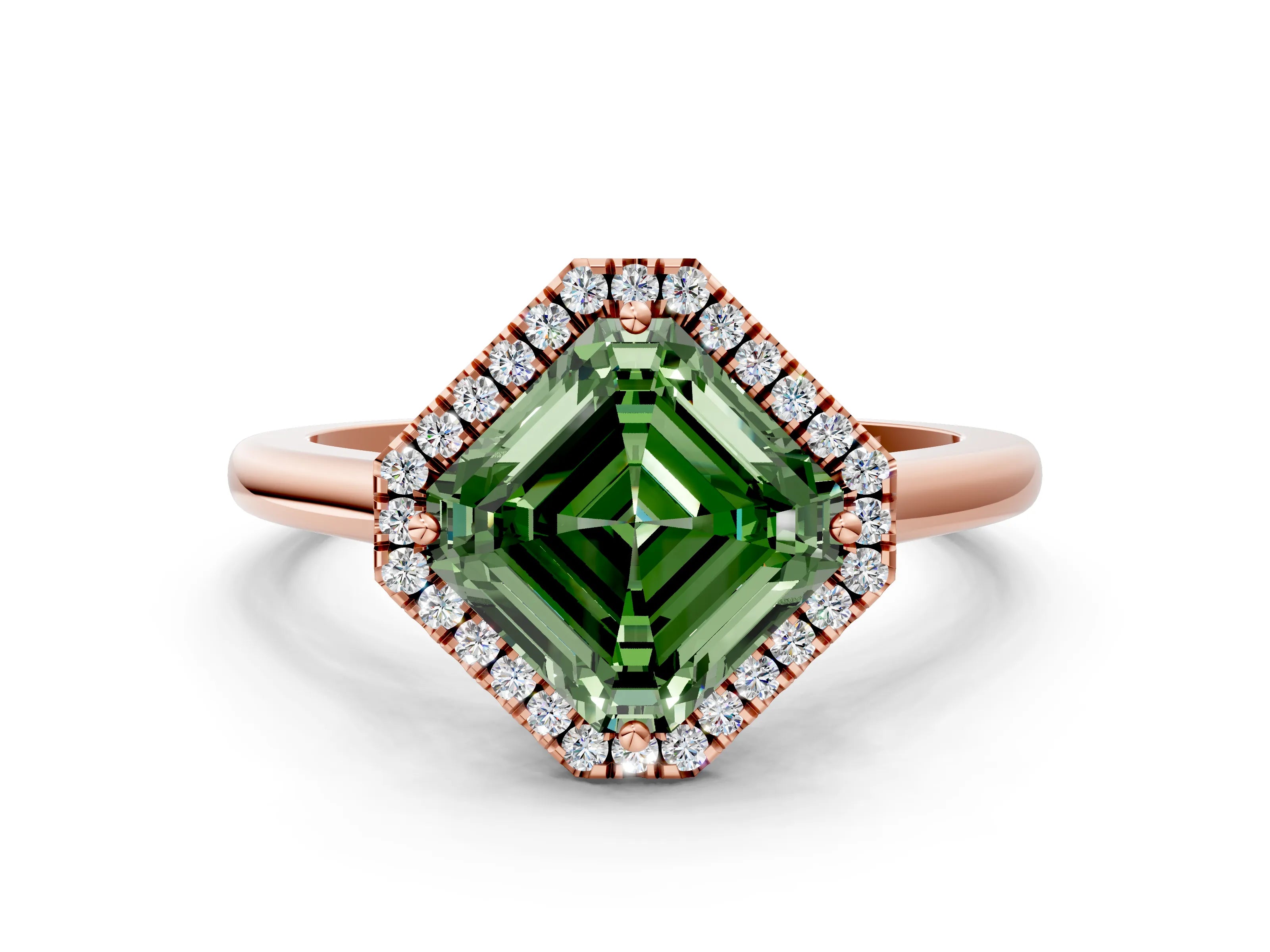 Rose gold Fancy Green Asscher Cut Halo Round Diamond Solitaire Engagement Ring with Pave Band and Four-Prong Setting_12