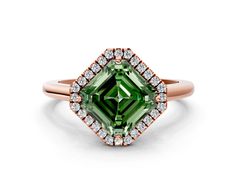 Rose gold Fancy Green Asscher Cut Halo Round Diamond Solitaire Engagement Ring with Pave Band and Four-Prong Setting_12