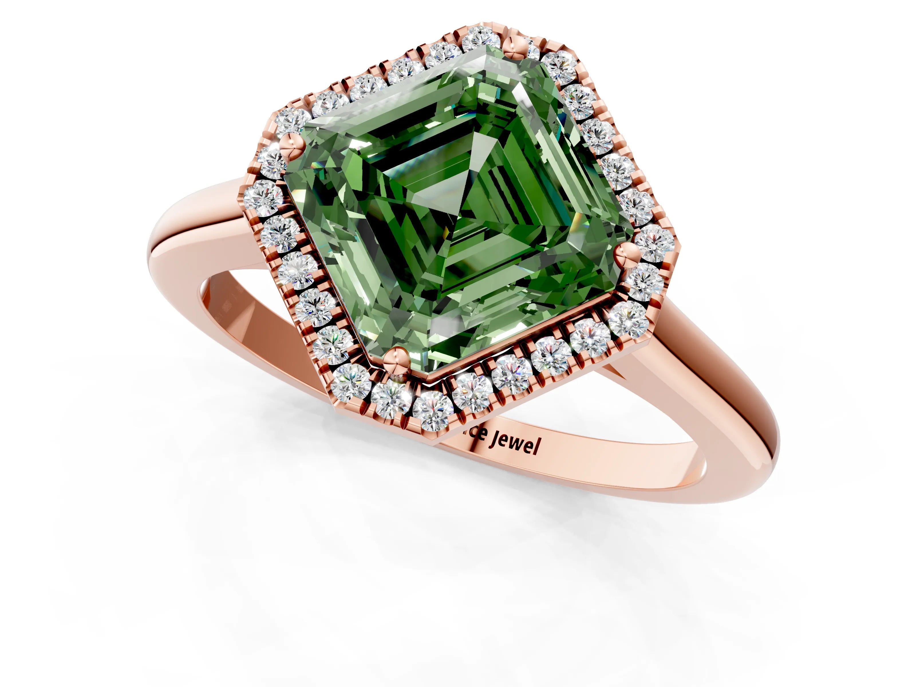 Rose gold Fancy Green Asscher Cut Halo Round Diamond Solitaire Engagement Ring with Pave Band and Four-Prong Setting_13