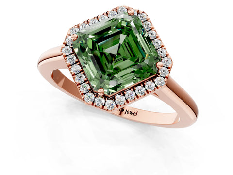 Rose gold Fancy Green Asscher Cut Halo Round Diamond Solitaire Engagement Ring with Pave Band and Four-Prong Setting_13