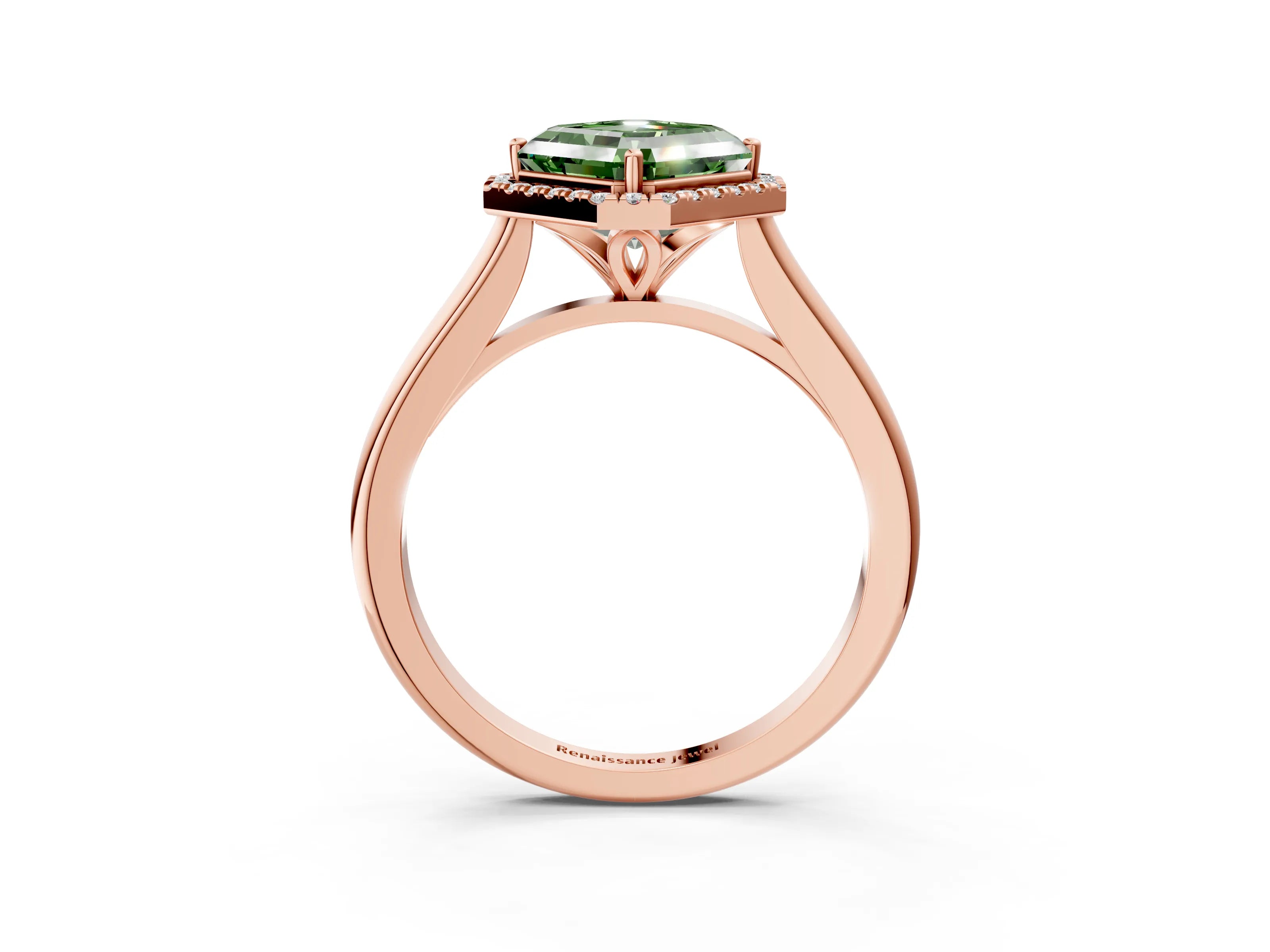 Rose gold Fancy Green Asscher Cut Halo Round Diamond Solitaire Engagement Ring with Pave Band and Four-Prong Setting_15