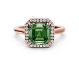 Rose gold Fancy Green Asscher Cut Halo Round Diamond Solitaire Ring with Pavé Band and Four-Prong Setting