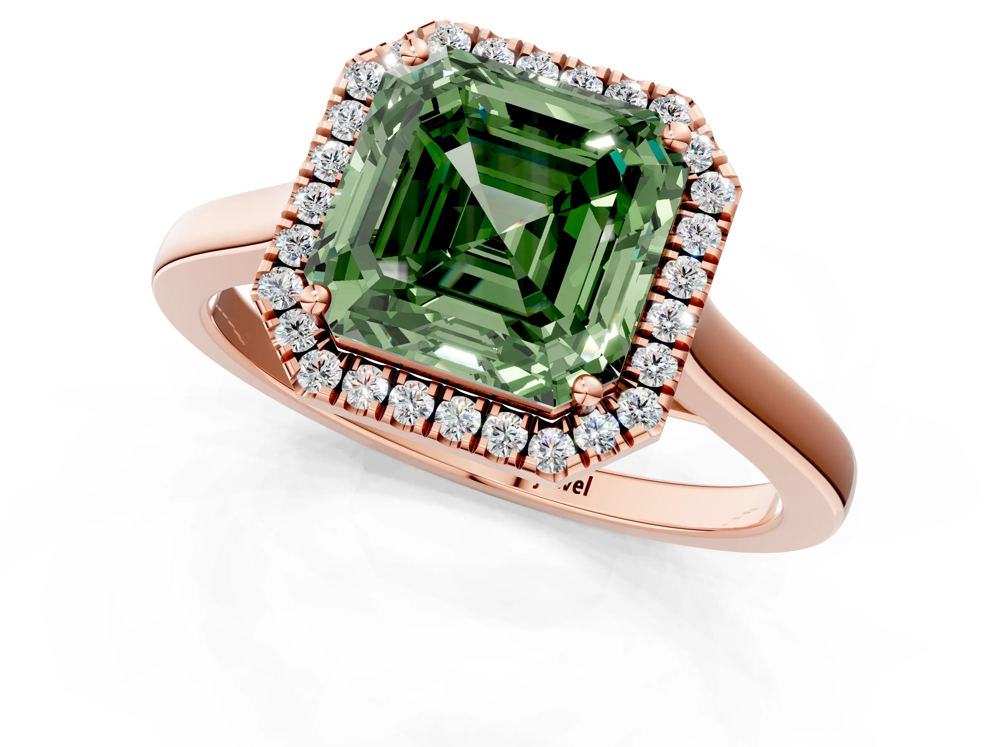 Rose gold Fancy Green Asscher Cut Halo Round Diamond Solitaire Ring with Pavé Band and Four-Prong Setting_1
