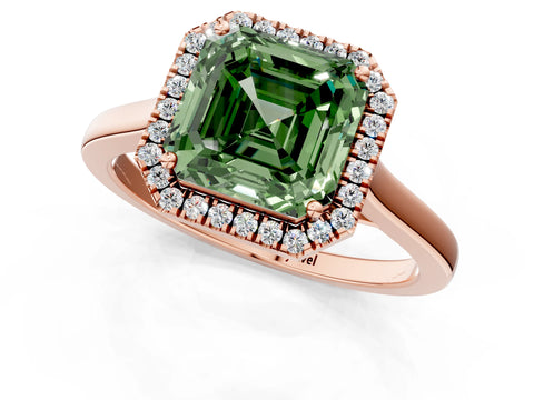 Rose gold Fancy Green Asscher Cut Halo Round Diamond Solitaire Ring with Pavé Band and Four-Prong Setting_1