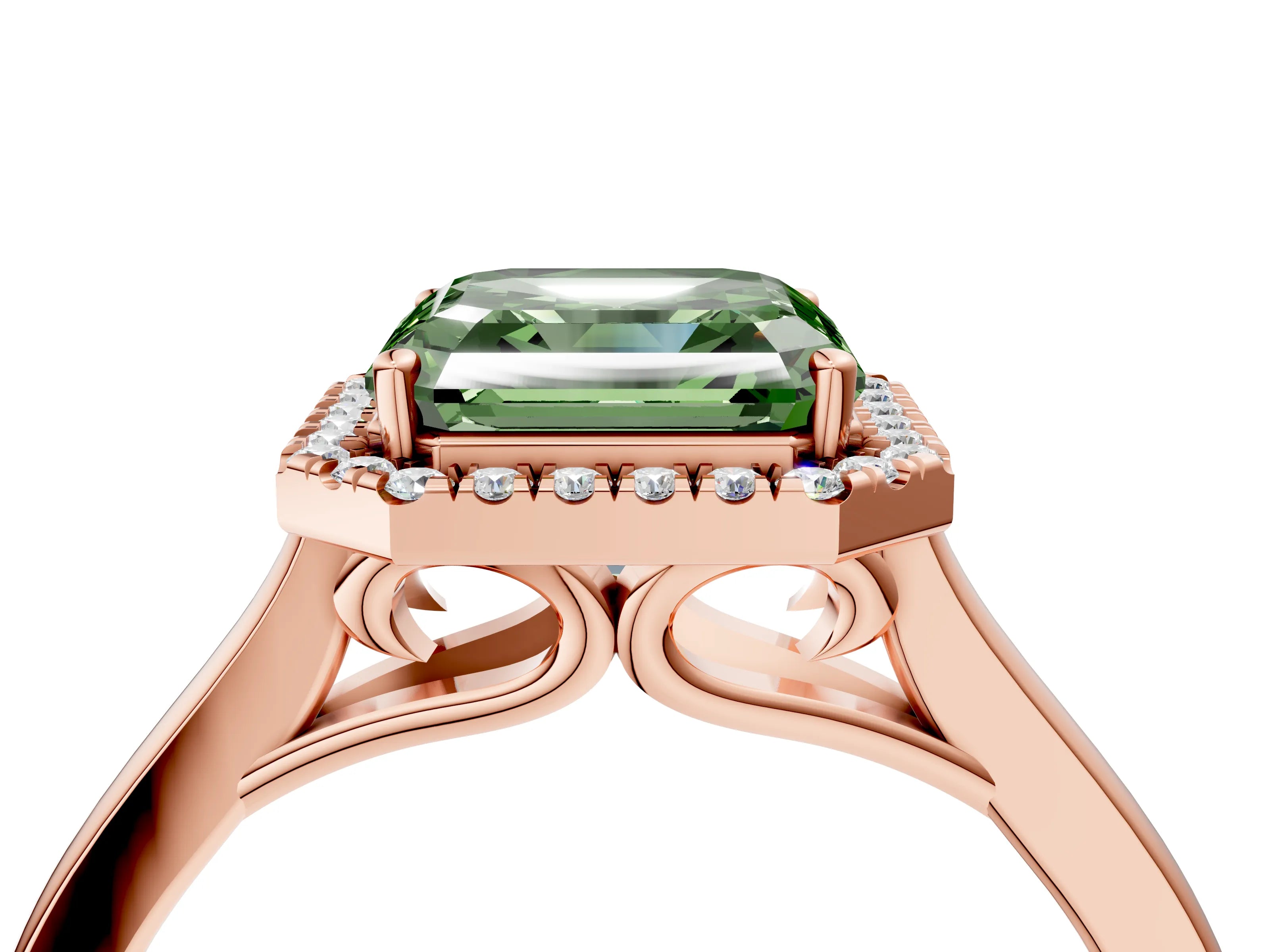 Rose gold Fancy Green Asscher Cut Halo Round Diamond Solitaire Ring with Pavé Band and Four-Prong Setting_4