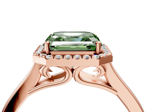 Rose gold Fancy Green Asscher Cut Halo Round Diamond Solitaire Ring with Pavé Band and Four-Prong Setting_4