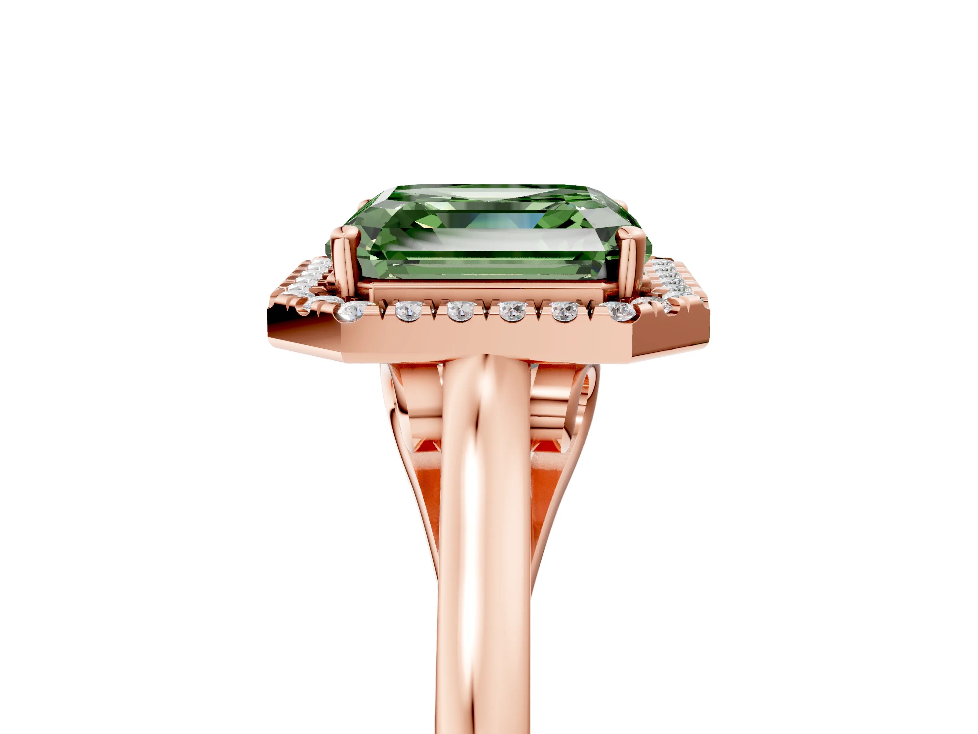 Rose gold Fancy Green Asscher Cut Halo Round Diamond Solitaire Ring with Pavé Band and Four-Prong Setting_5
