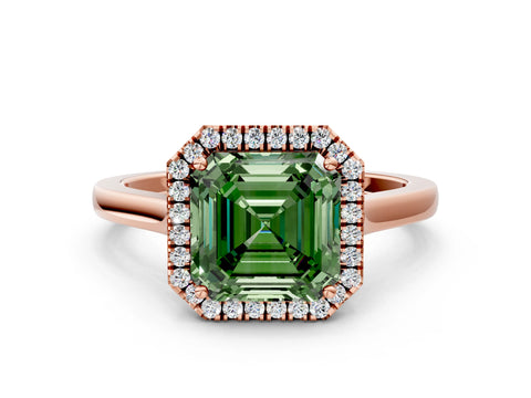 Rose gold Fancy Green Asscher Cut Halo Round Diamond Solitaire Ring with Pavé Band and Four-Prong Setting