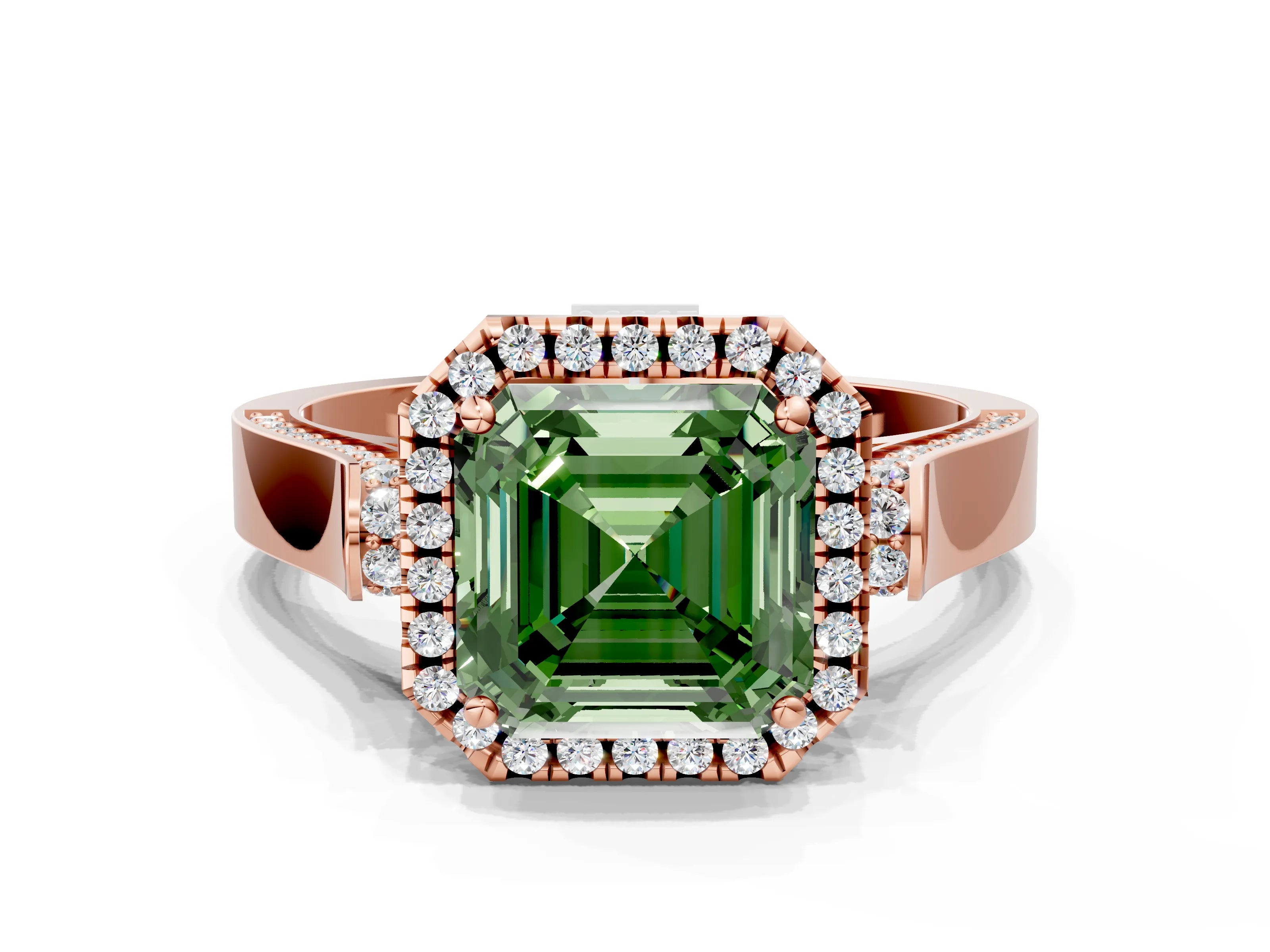Rose gold Fancy Green Asscher Cut Halo Round Diamond Twist Band with Four-Prong Setting