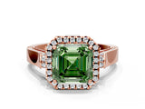 Rose gold Fancy Green Asscher Cut Halo Round Diamond Twist Band with Four-Prong Setting