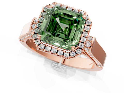 Rose gold Fancy Green Asscher Cut Halo Round Diamond Twist Band with Four-Prong Setting_1