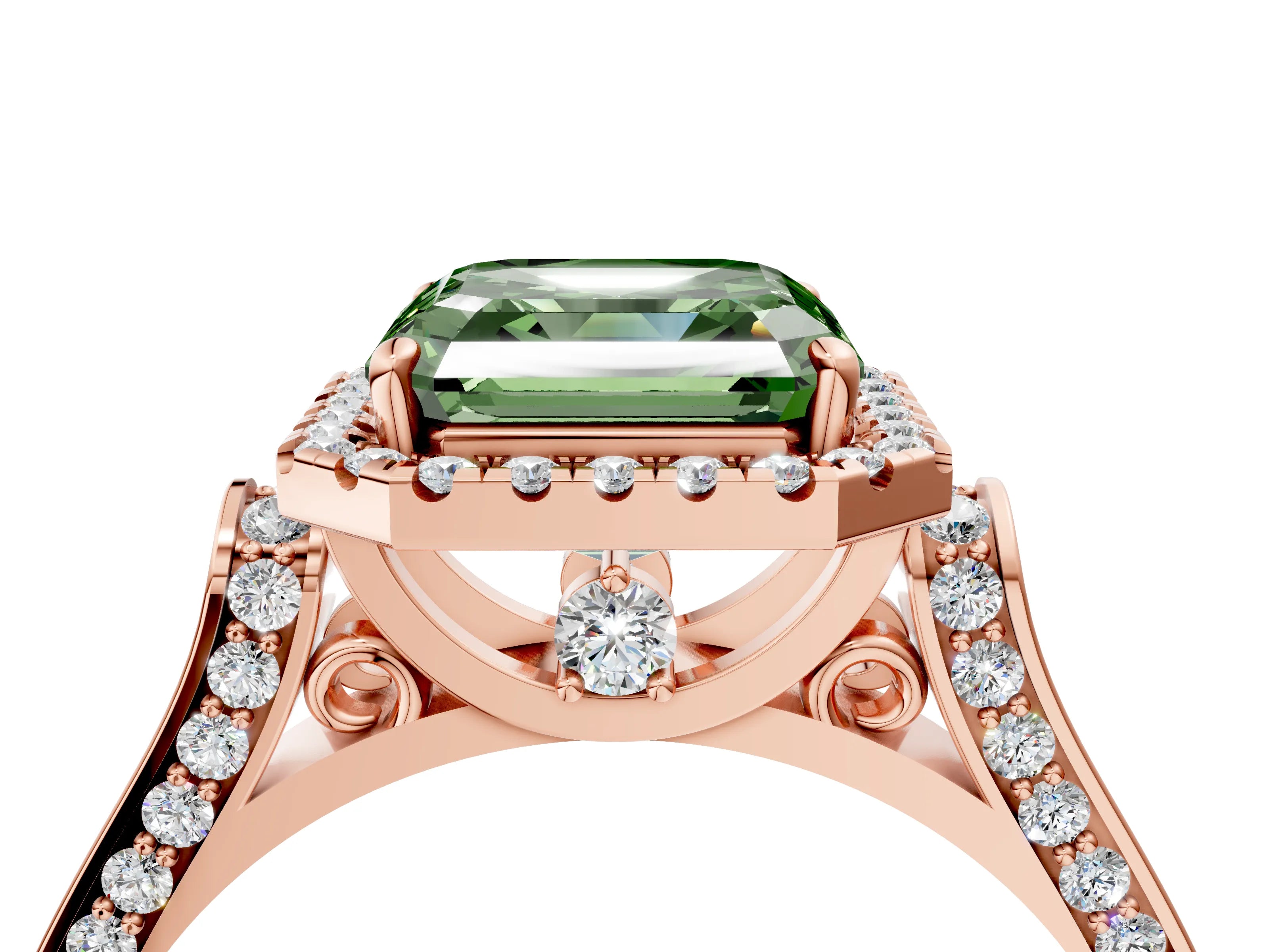 Rose gold Fancy Green Asscher Cut Halo Round Diamond Twist Band with Four-Prong Setting_4