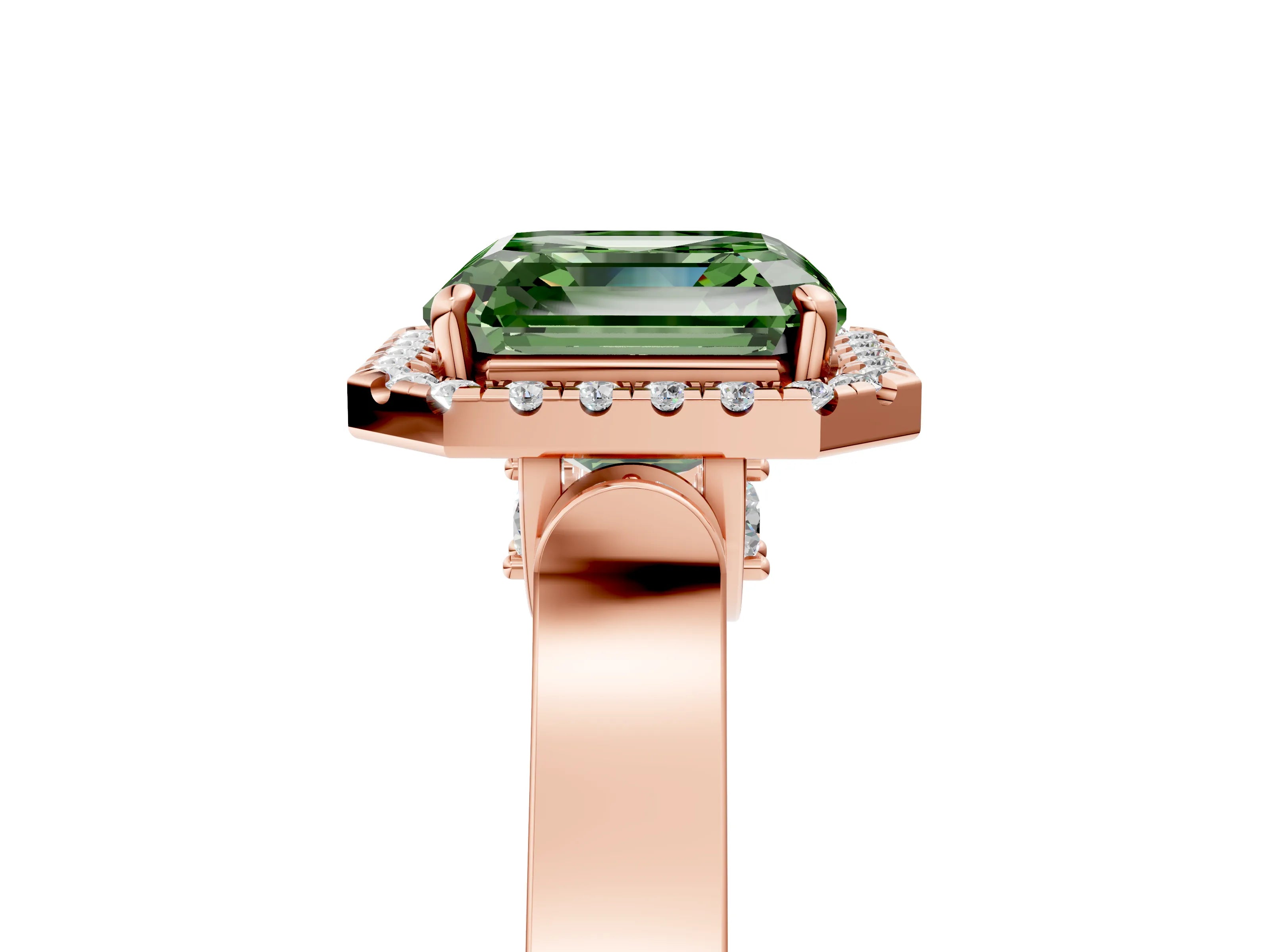 Rose gold Fancy Green Asscher Cut Halo Round Diamond Twist Band with Four-Prong Setting_5