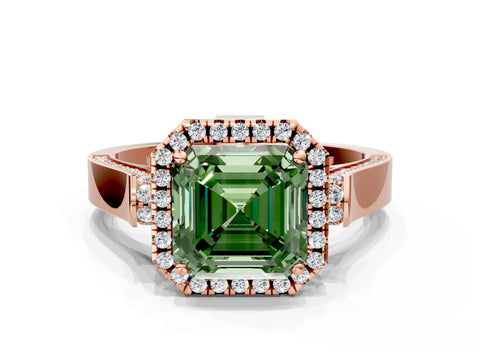 Rose gold Fancy Green Asscher Cut Halo Round Diamond Twist Band with Four-Prong Setting