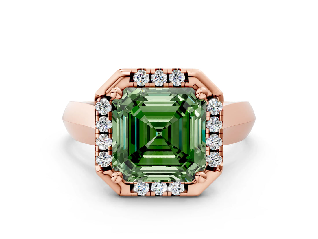 Rose gold Fancy Green Asscher  Cut Halo Solitaire Engagement Ring with Square Band and Four-Prong Setting_66