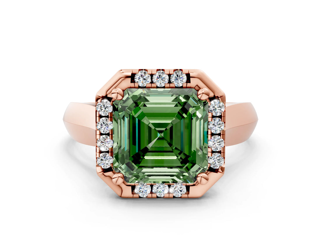 Rose gold Fancy Green Asscher  Cut Halo Solitaire Engagement Ring with Square Band and Four-Prong Setting_97