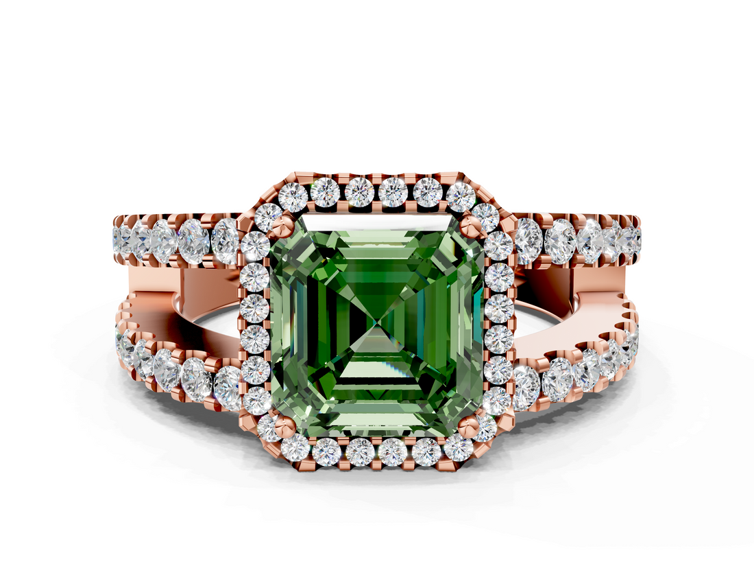 Rose gold Fancy Green Asscher  Cut Halo Split Shank Diamond Ring with Four-Prong Setting
