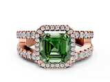 Rose gold Fancy Green Asscher  Cut Halo Split Shank Diamond Ring with Four-Prong Setting