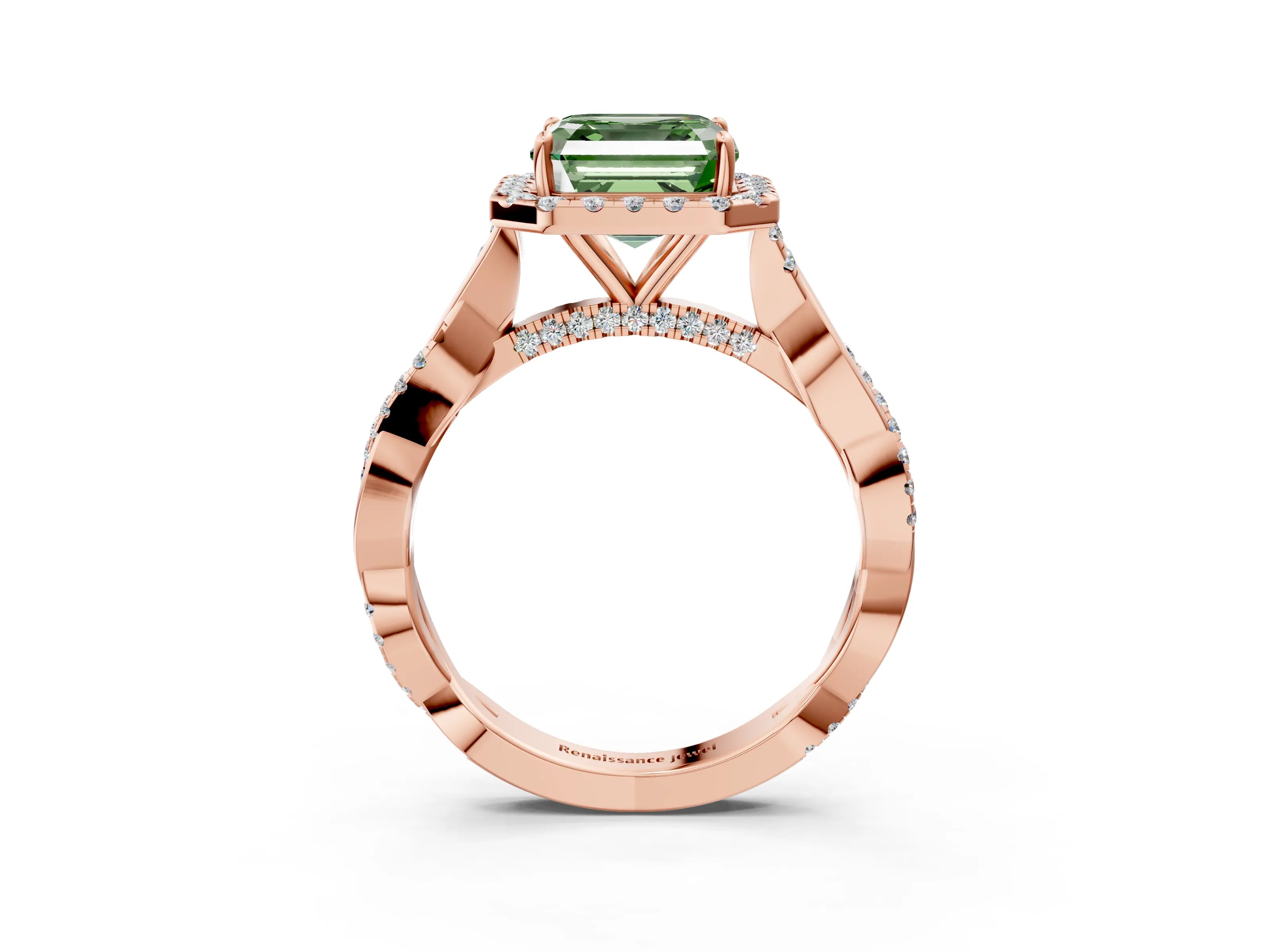Rose gold Fancy Green Asscher Cut Halo Twist Band with Four-Prong Setting_15