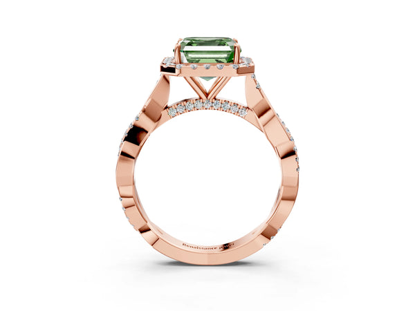 Rose Gold Asscher Cut Interwoven Twist Halo Engagement Ring Setting for Fancy Green Center
