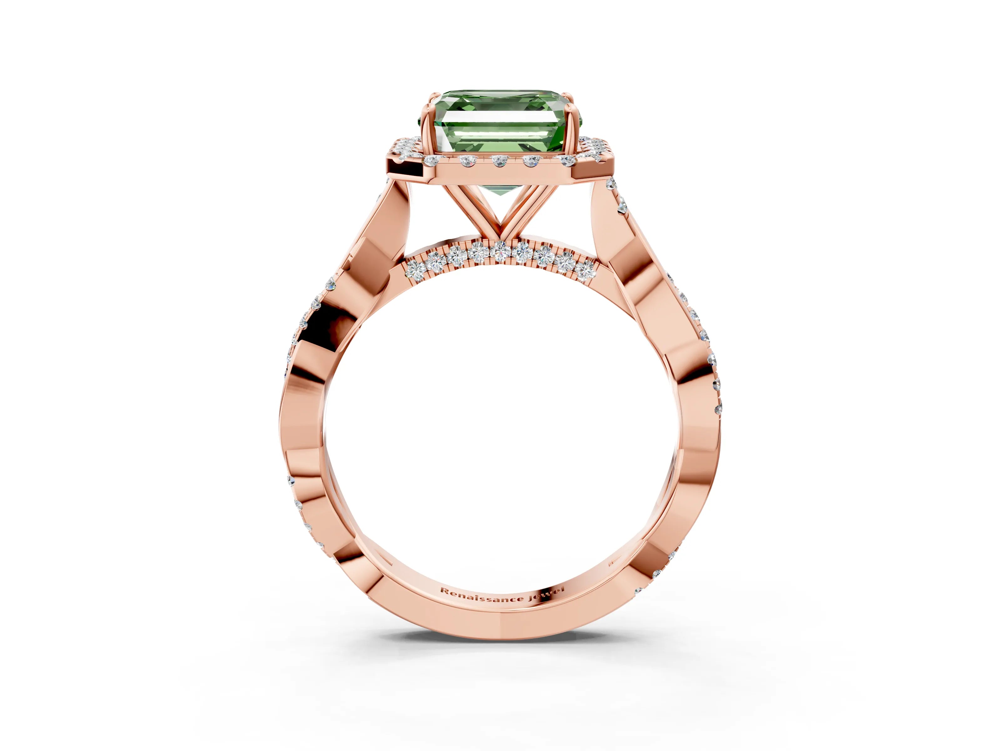 Rose gold Fancy Green Asscher Cut Halo Twist Band with Four-Prong Setting_3