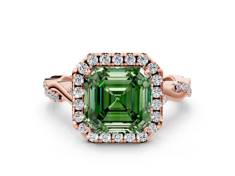 Rose gold Fancy Green Asscher Cut Halo Twist Band with Four-Prong Setting