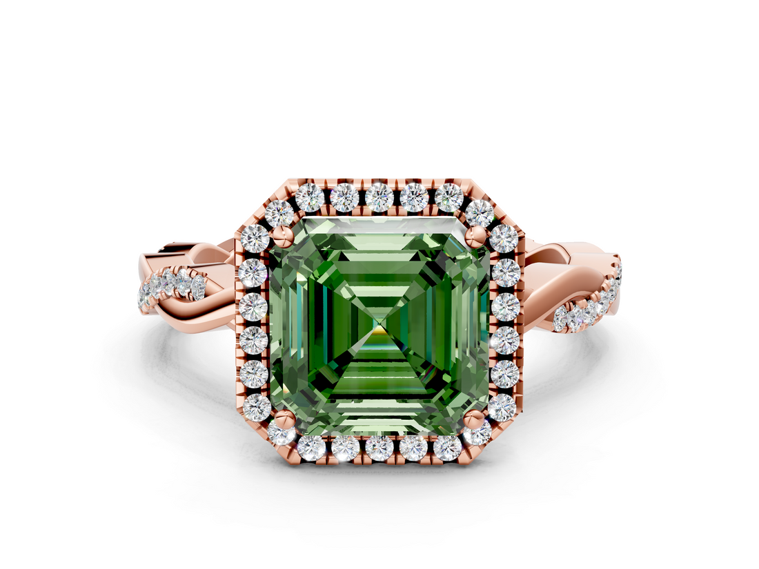 Rose gold Fancy Green Asscher  Cut Halo Twisted Band Four-Prong Ring
