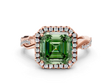 Rose gold Fancy Green Asscher  Cut Halo Twisted Band Four-Prong Ring