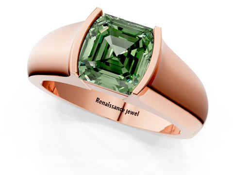 Rose gold Fancy Green Asscher Cut Solitaire Bezel Set Diamond Ring with Wide Band_1