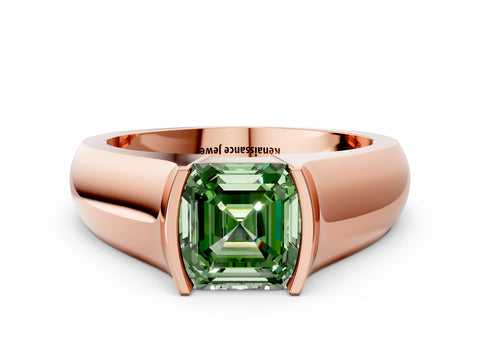 Rose gold Fancy Green Asscher Cut Solitaire Bezel Set Diamond Ring with Wide Band
