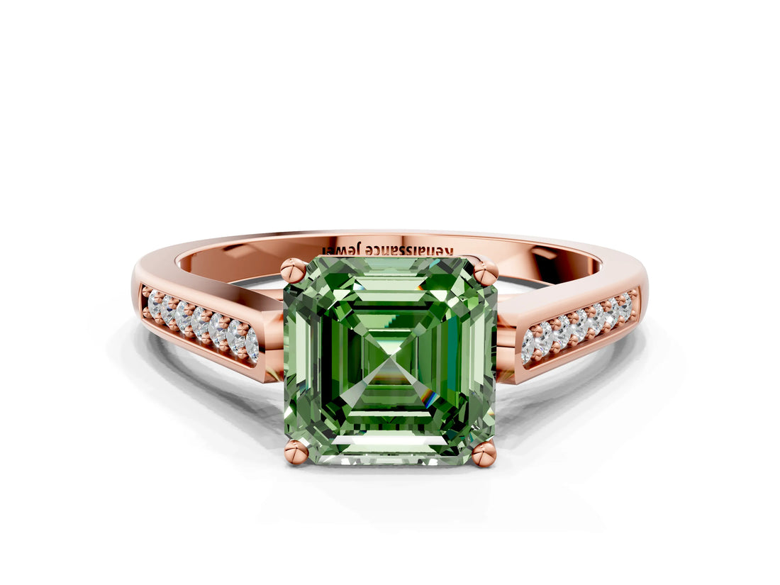 Rose gold Fancy Green Asscher Cut Solitaire Cathedral Diamond Engagement Ring with Channel-Set Band and Four-Prong Setting_3