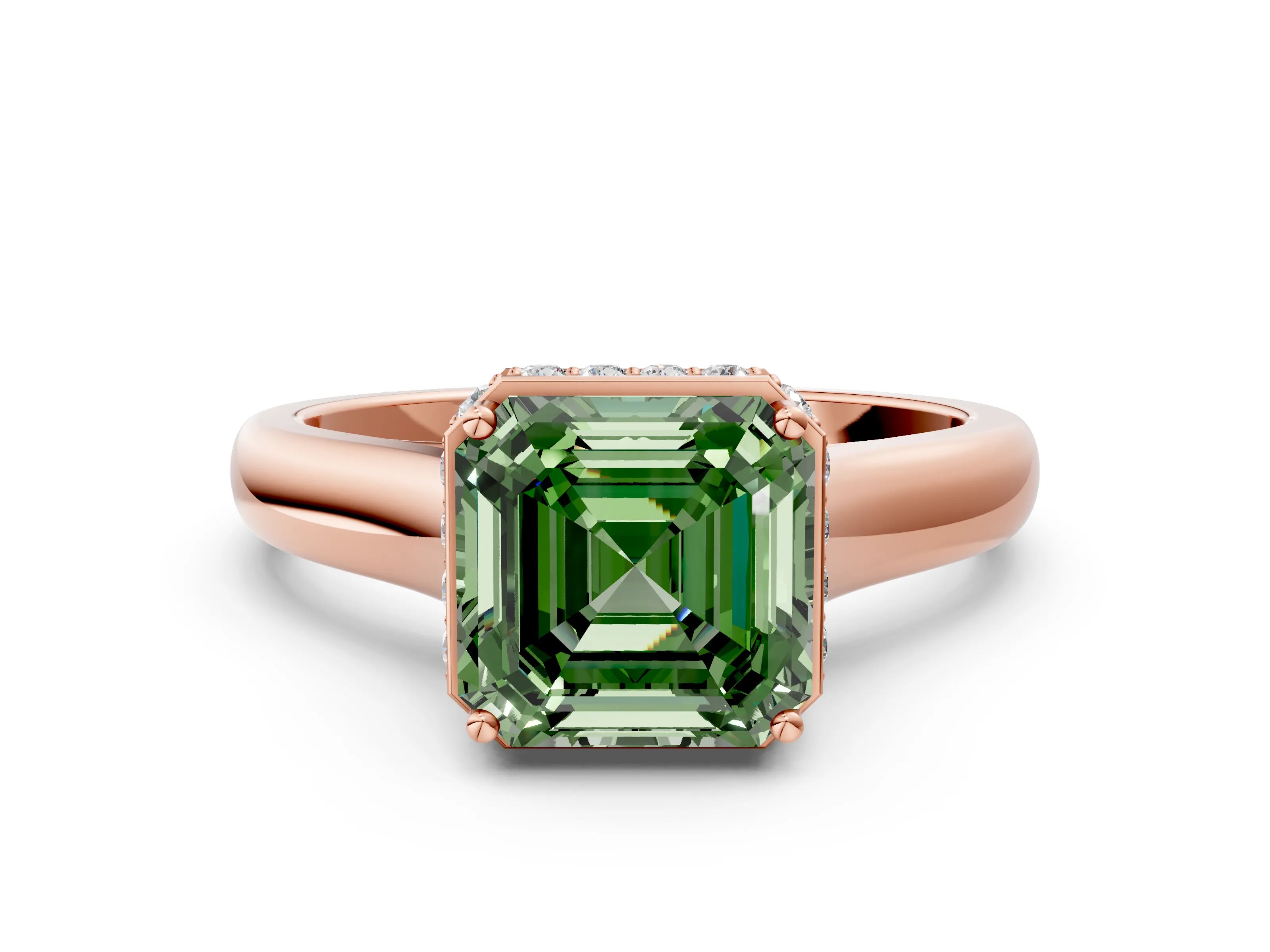 Rose gold Fancy Green Asscher Cut Solitaire Diamond Engagement Ring with Four-Prong Setting and Tapered Band