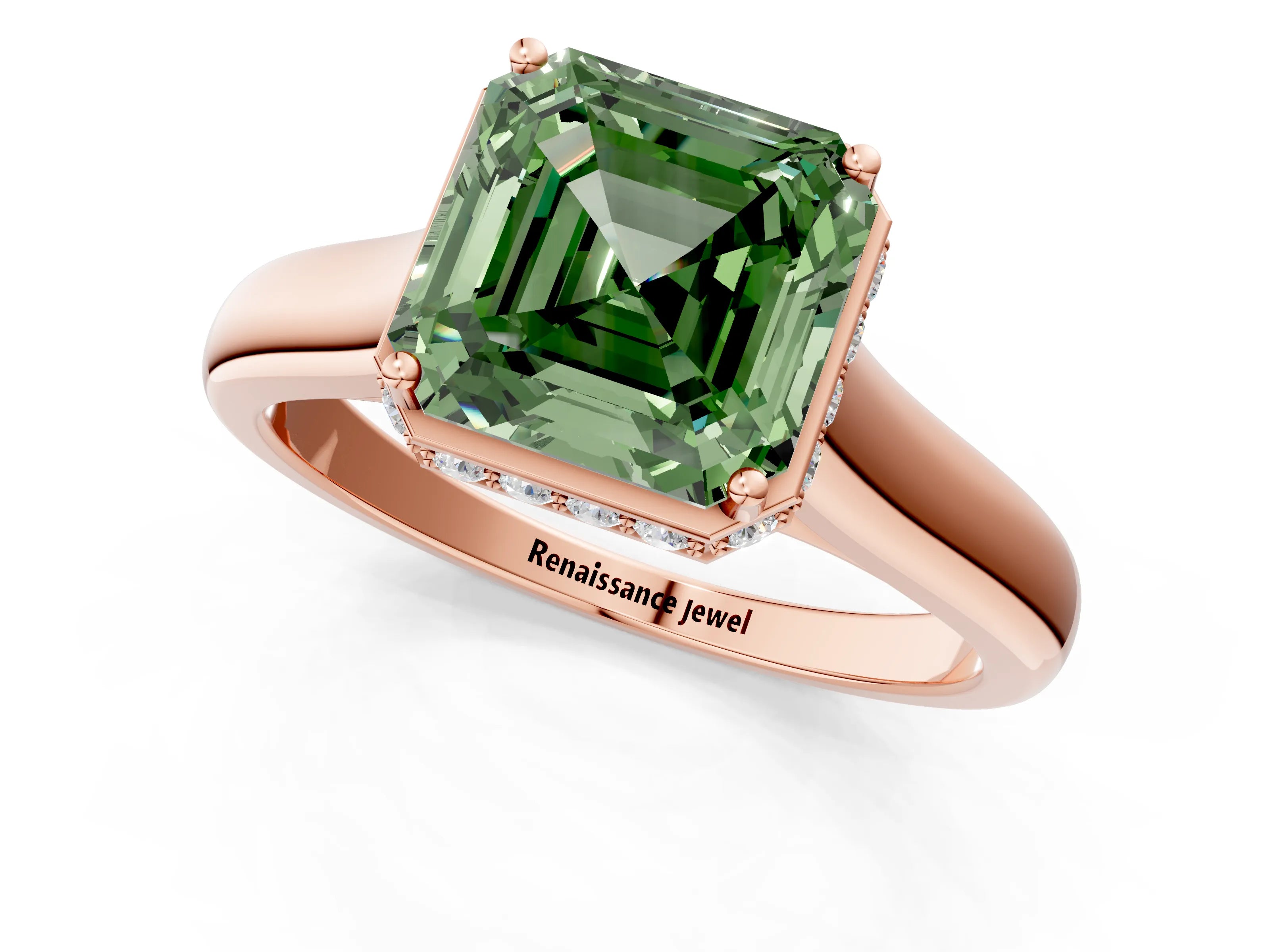 Rose gold Fancy Green Asscher Cut Solitaire Diamond Engagement Ring with Four-Prong Setting and Tapered Band_1