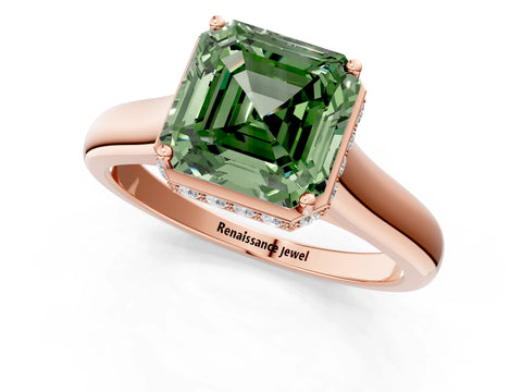 Rose gold Fancy Green Asscher Cut Solitaire Diamond Engagement Ring with Four-Prong Setting and Tapered Band_1